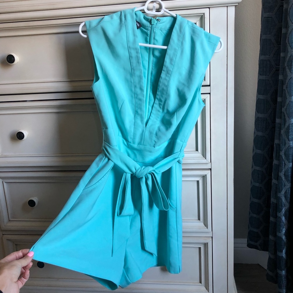 Bebe Turquoise Blue Deep V Romper